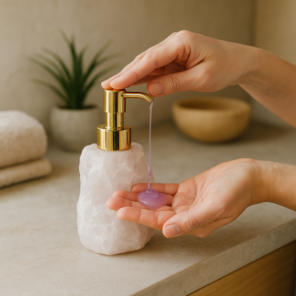 Distributeur savon Quartz Rose – Douceur & énergie d’amour
