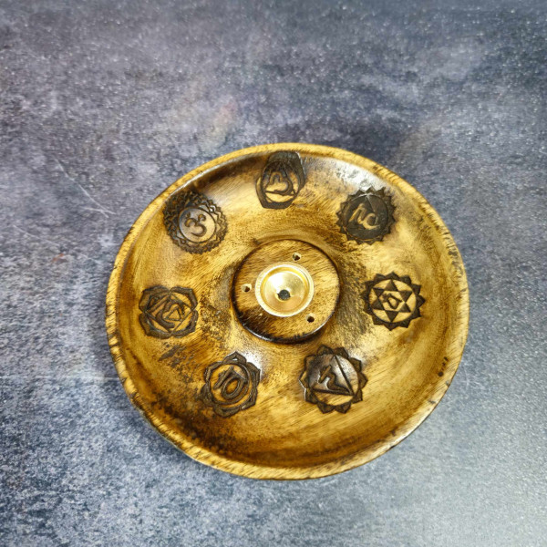 Porte-encens en bois avec symboles des 7 chakras et support pour cônes