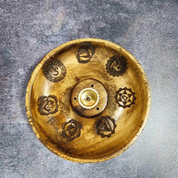 Porte-encens en bois avec symboles des 7 chakras et support pour cônes