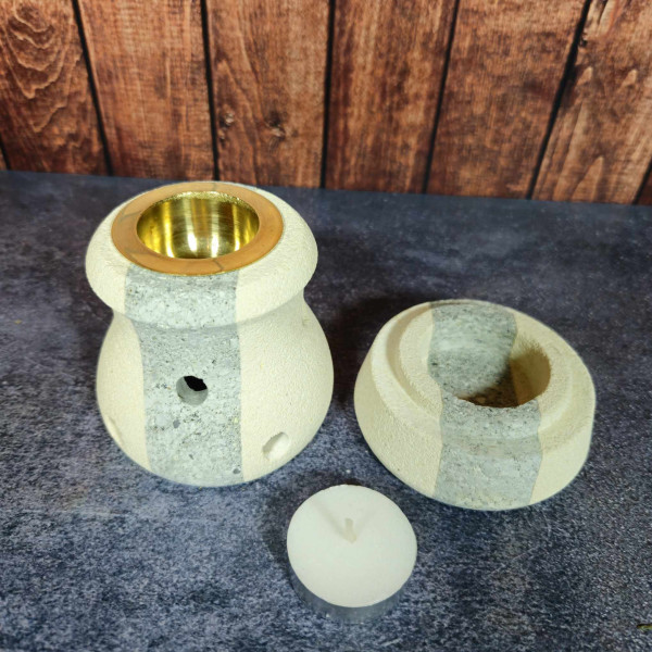 Brûle-parfum en grès beige et gris aux formes arrondies