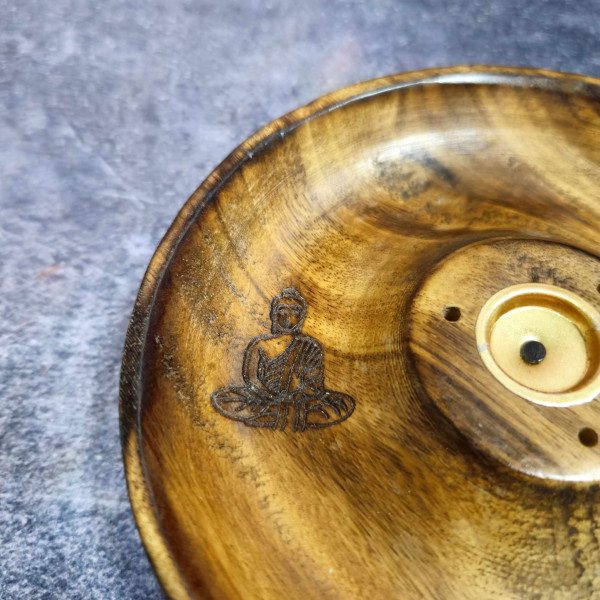 Porte-encens en bois disque "Bouddha" – Support pour bâtons et cônes