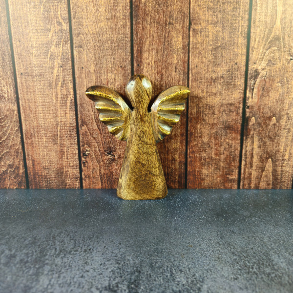 Ange en bois de manguier - brun et doré