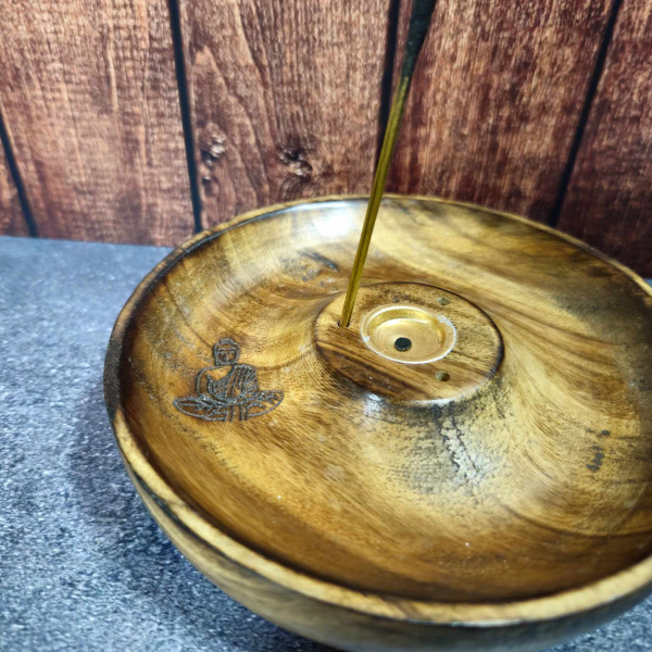 Porte-encens en bois disque "Bouddha" – Support pour bâtons et cônes