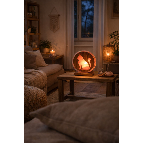 Lampe se sel chat sur la table de salon