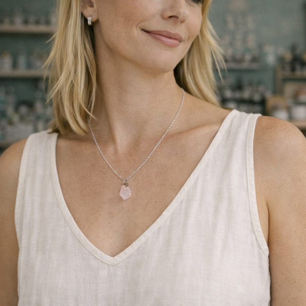 Vue du Collier en Argent 925 - Quartz Rose Pierre Brute