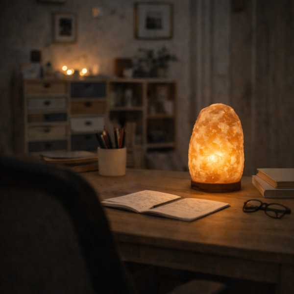 Lampe de sel brute Himalaya sur table basse, décoration zen et lumière chaleureuse
