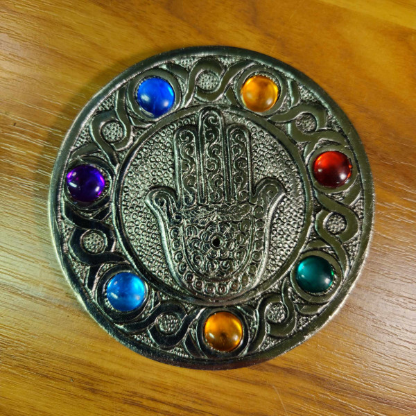 Porte-encens Main de Hamsa en Aluminium avec Pierres des 7 Chakras