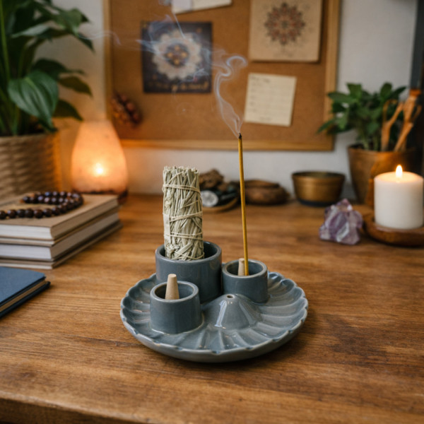 Porte-encens lotus 4 en 1 en situation, coin méditation apaisant, support encens zen pour intérieur spirituel