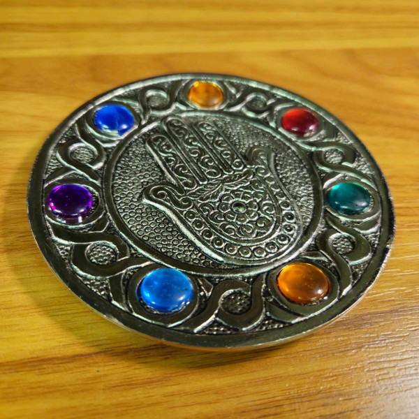 Porte-encens Main de Hamsa en Aluminium avec Pierres des 7 Chakras