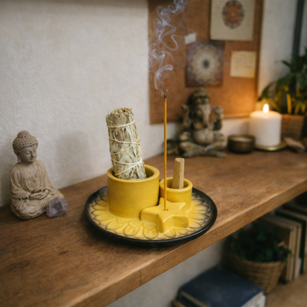 Support encens multifonction mandala dans une ambiance zen, idéal pour méditation et relaxation à la maison