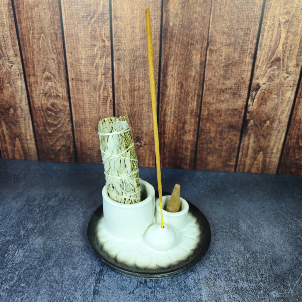 Support encens 4 en 1 avec sauge blanche, encens bâton et cône – accessoire idéal pour purification énergétique