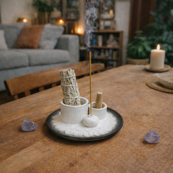 Support encens décoration zen dans le salon – purification douce, calme intérieur et énergie apaisante