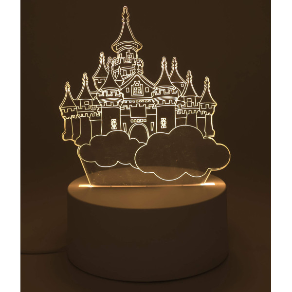 Veilleuse château allumée avec lumière blanc chaud, parfaite pour apaiser l’enfant et accompagner le rituel du coucher