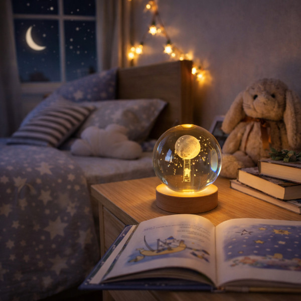 Veilleuse lune en situation sur table de chevet – ambiance nuit étoilée et cocon rassurant