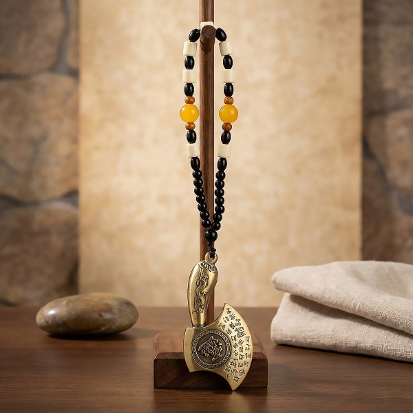 Amulette hache Feng Shui décoration zen talisman protection chance présenté sur support bois