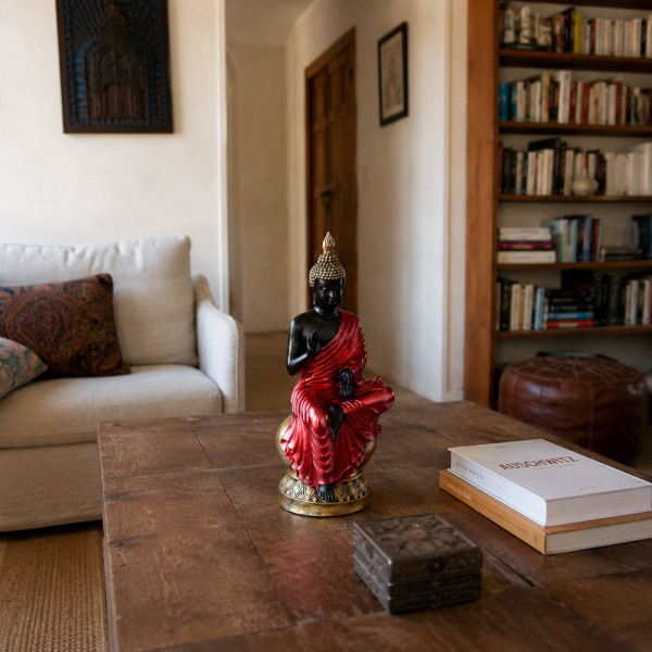 Statue bouddha sur bibliothèque décoration zen intérieure objet spirituel maison