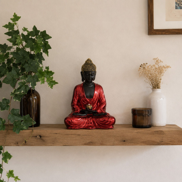 statue bouddha thai sur étagère murale décoration zen plantes ambiance apaisante