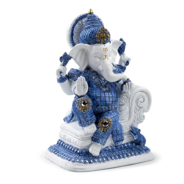 Statue Ganesh méditation bleu et blanc vue de face trois quarts pour décoration zen et bien-être à Visé