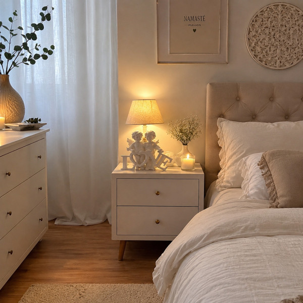 Figurine anges de l'amour dans chambre zen - décoration romantique avec lumière douce