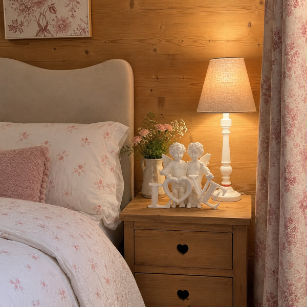 Anges de l'amour décoration chambre romantique avec fleurs et lumière tamisée