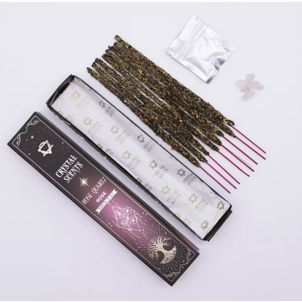 Kit encens Quartz Rose et Rose avec pierre de quartz rose pour rituel d'amour et bien-être émotionnel