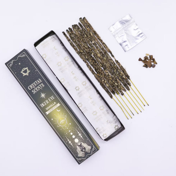 Kit encens Œil de Tigre et Vanille avec pierre naturelle pour protection et confiance en soi