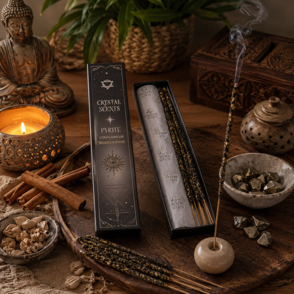 Encens Pyrite Cannelle en ambiance zen pour méditation, prospérité et énergie positive