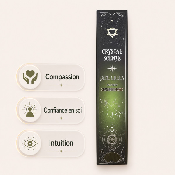 Encens Jade Verte épicé avec bienfaits de compassion, confiance en soi et intuition