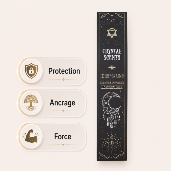Encens Tourmaline noire bois de santal avec bienfaits de protection, ancrage et force intérieure