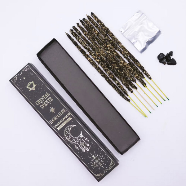 Kit encens bois de santal et pierre Tourmaline noire pour purification énergétique et protection