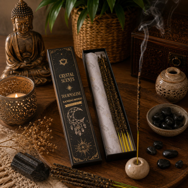 Encens Tourmaline noire et santal en ambiance zen pour méditation, protection et équilibre