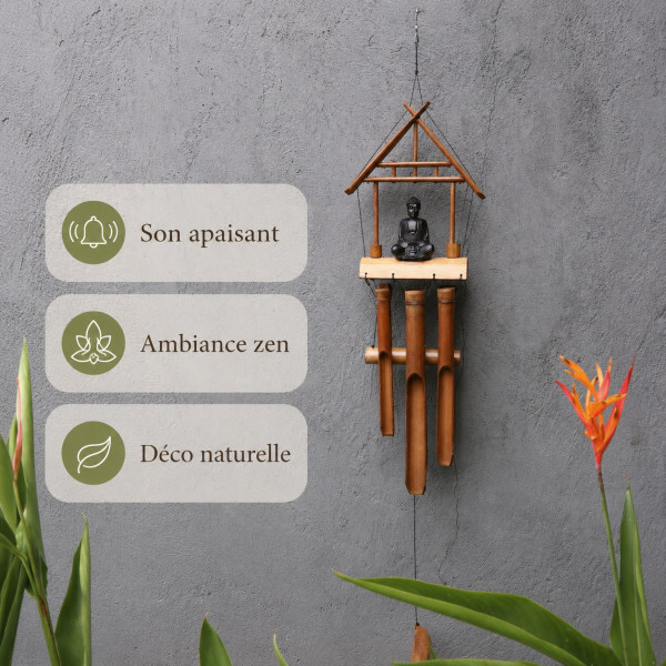 Carillon zen en bambou avec Bouddha, son apaisant et décoration naturelle pour jardin