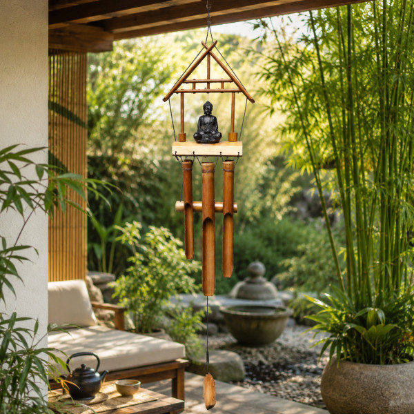 Carillon en bambou suspendu dans un jardin zen pour méditation et détente extérieure