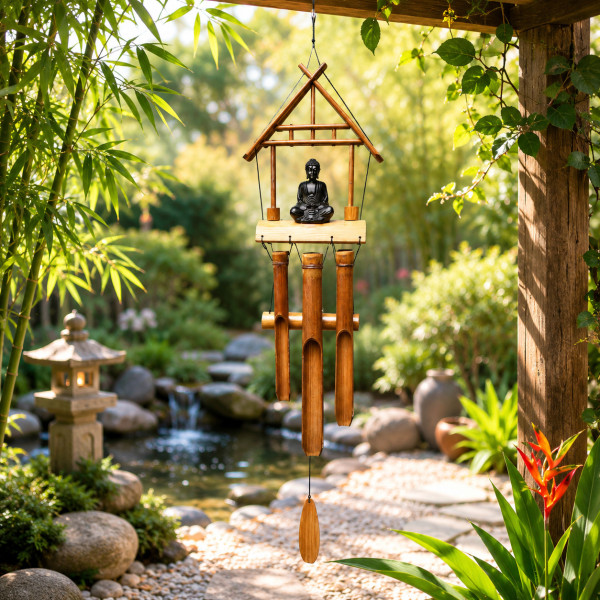 Carillon en bambou et Bouddha près d'un bassin zen pour ambiance relaxante au jardin