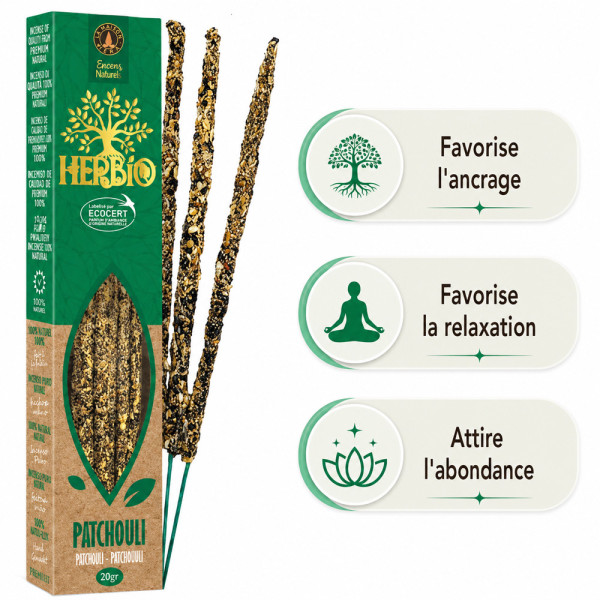 Encens Herbio Patchouli naturel Ecocert pour ancrage, relaxation et ambiance spirituelle
