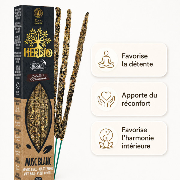 Encens Herbio Musc Blanc naturel Ecocert pour détente, réconfort et harmonie intérieure