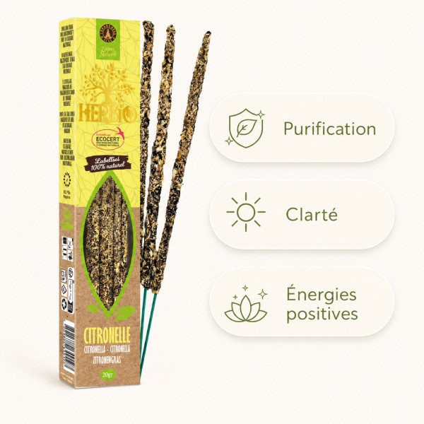 Encens Herbio Citronnelle naturel Ecocert pour purification, clarté et énergies positives