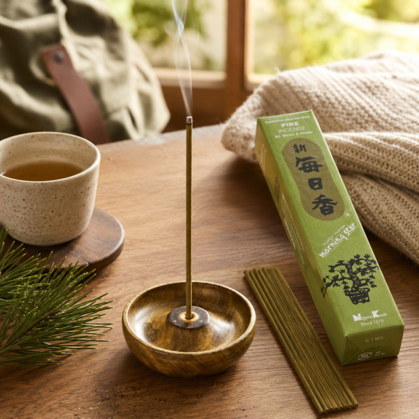 Encens Morning Star Pin en rituel détente avec thé, bois et branche de pin