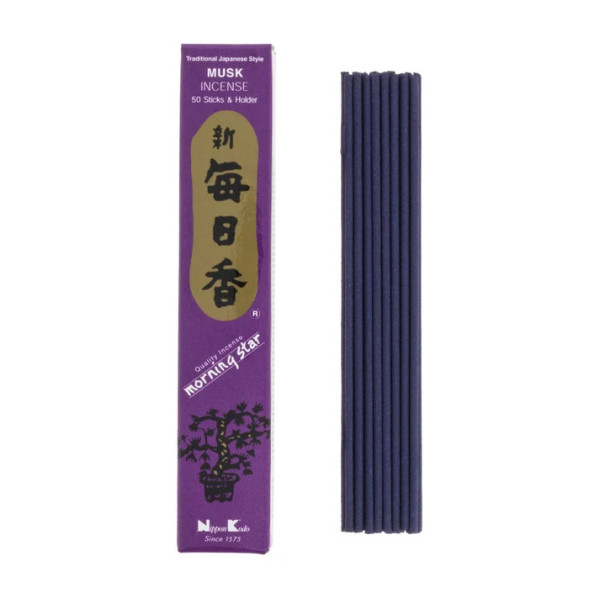 Encens japonais Morning Star Musc, boîte violette et 50 bâtonnets sans bambou
