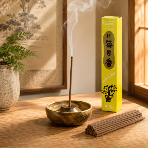 Encens japonais Morning Star Patchouli allumé dans un porte-encens en bois, ambiance zen