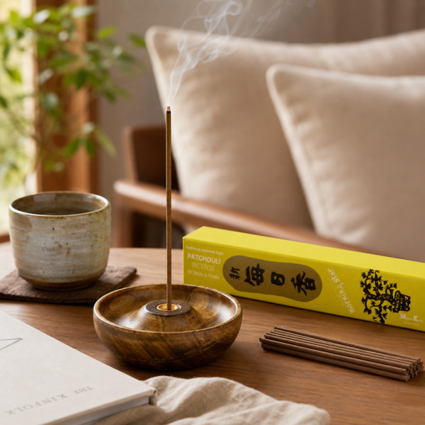 Encens Morning Star Patchouli en rituel détente avec thé et porte-encens en bois