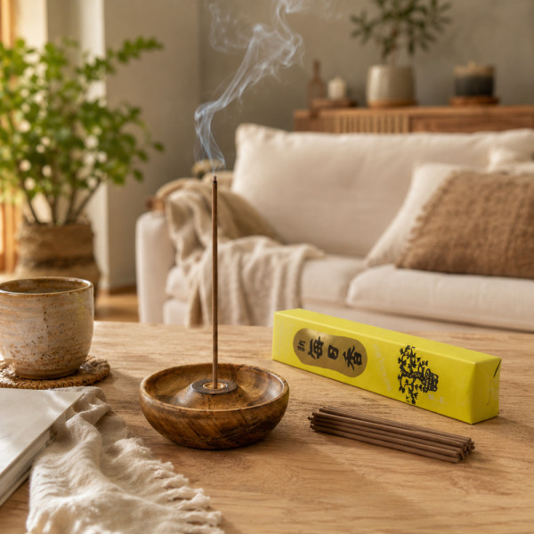 Encens japonais Morning Star Patchouli sur table basse dans un salon zen chaleureux