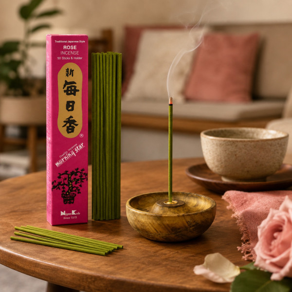 Encens Morning Star Rose en ambiance zen, bâton japonais allumé sur table en bois
