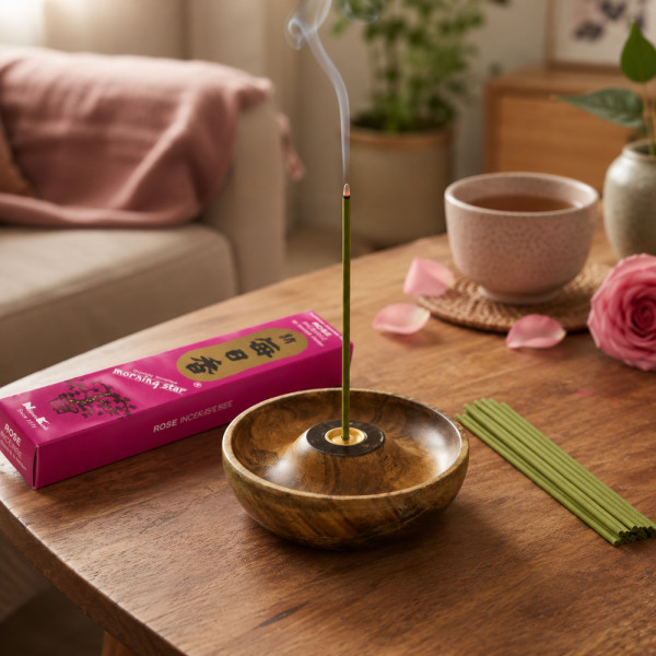 Encens japonais Morning Star Rose allumé avec porte-encens, tasse et rose dans un intérieur zen