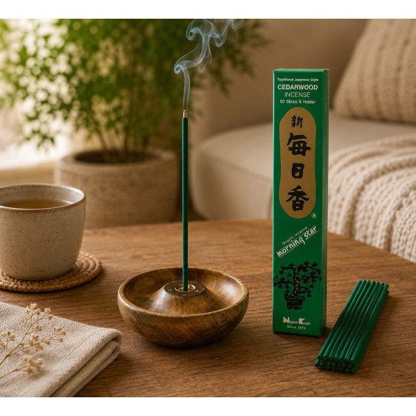 Encens japonais Morning Star Bois de Cèdre allumé sur table en bois dans une ambiance zen