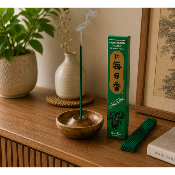 Encens Morning Star Bois de Cèdre Nippon Kodo allumé dans un intérieur zen aux matières naturelles