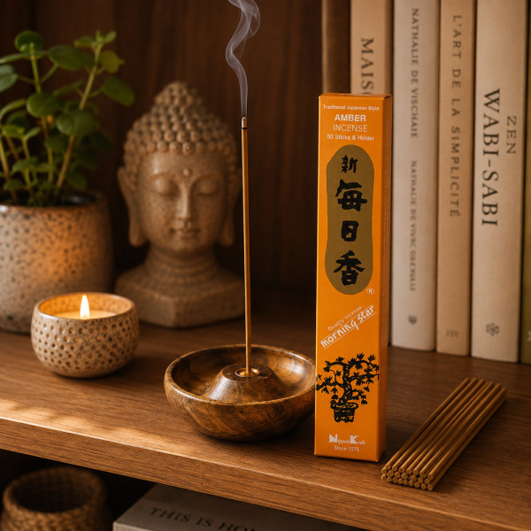 Encens Morning Star Ambre allumé sur étagère en bois avec décoration zen et bougie
