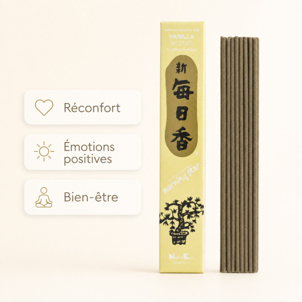 Encens Morning Star Vanille, 50 bâtonnets japonais pour réconfort, émotions positives et bien-être