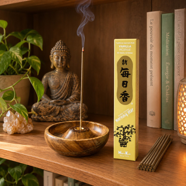 Encens Morning Star Vanille allumé sur étagère zen avec Bouddha, plantes et décoration chaleureuse
