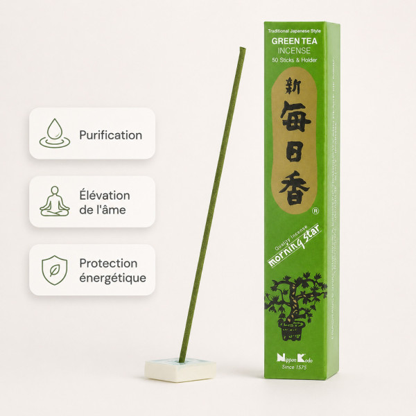 Encens Morning Star Thé vert avec bâtonnet et bienfaits purification, élévation de l’âme et protection
